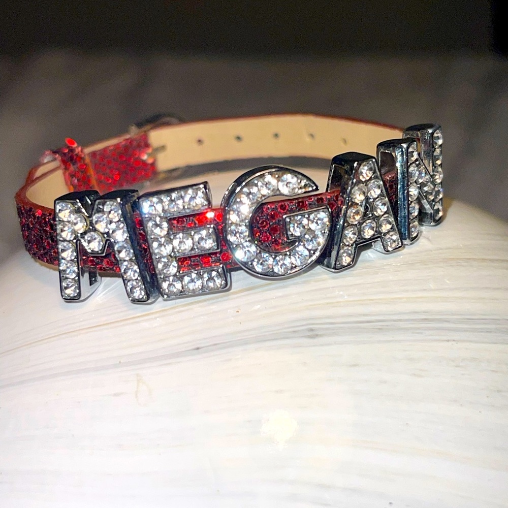 Megan Personalized Rhinestone Name Belt‎ Bracelet in Red Sparkle Adjustable